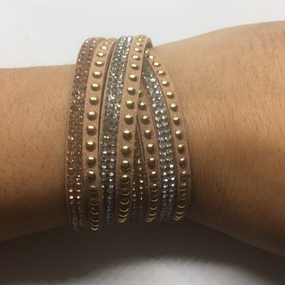 Mix Stud Slit Layer Wrap Bracelet - Beige - Picture 3 of 4